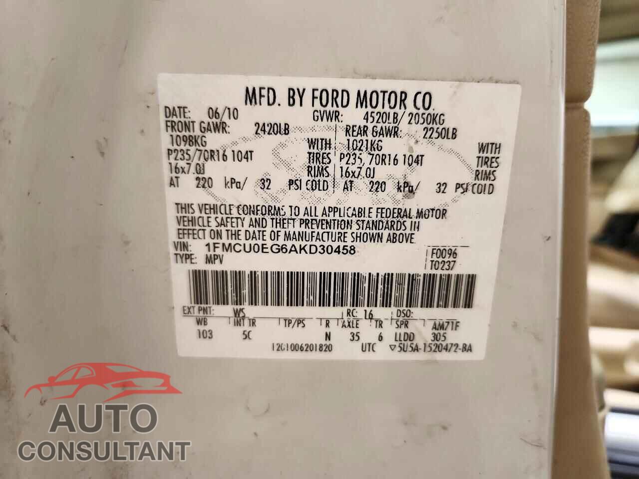 FORD ESCAPE 2010 - 1FMCU0EG6AKD30458
