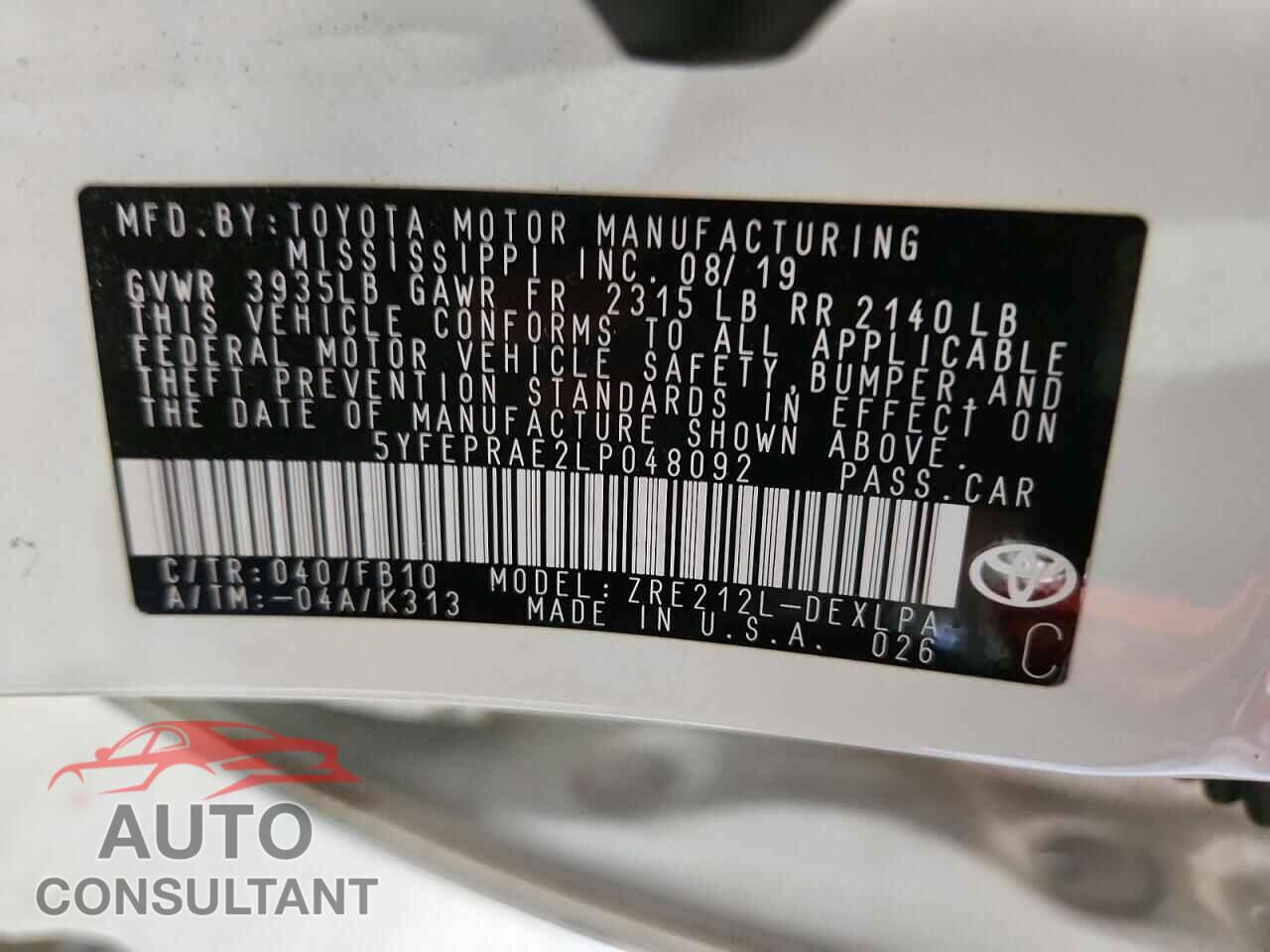 TOYOTA COROLLA 2020 - 5YFEPRAE2LP048092