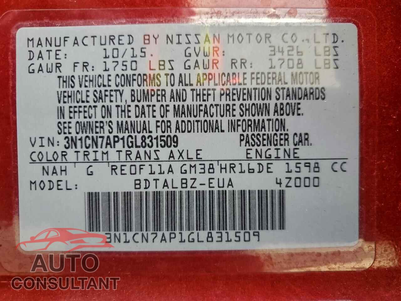 NISSAN VERSA 2016 - 3N1CN7AP1GL831509