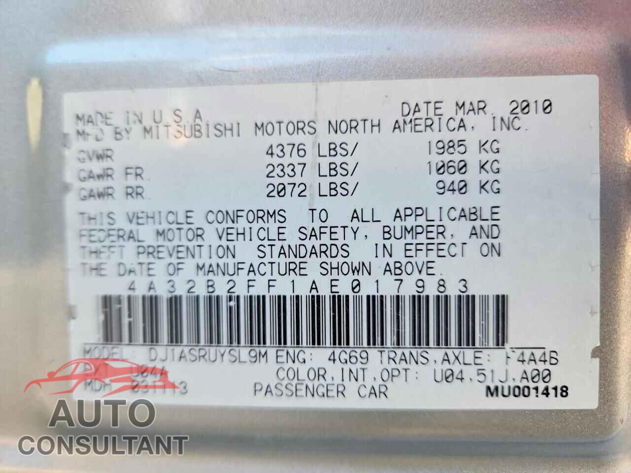 MITSUBISHI GALANT 2010 - 4A32B2FF1AE017983