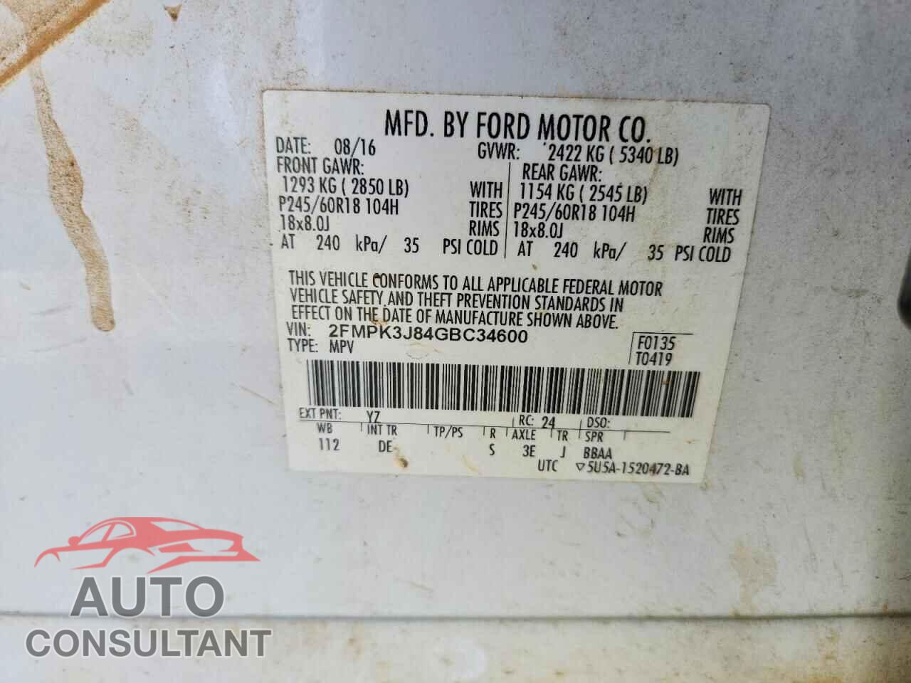 FORD EDGE 2016 - 2FMPK3J84GBC34600