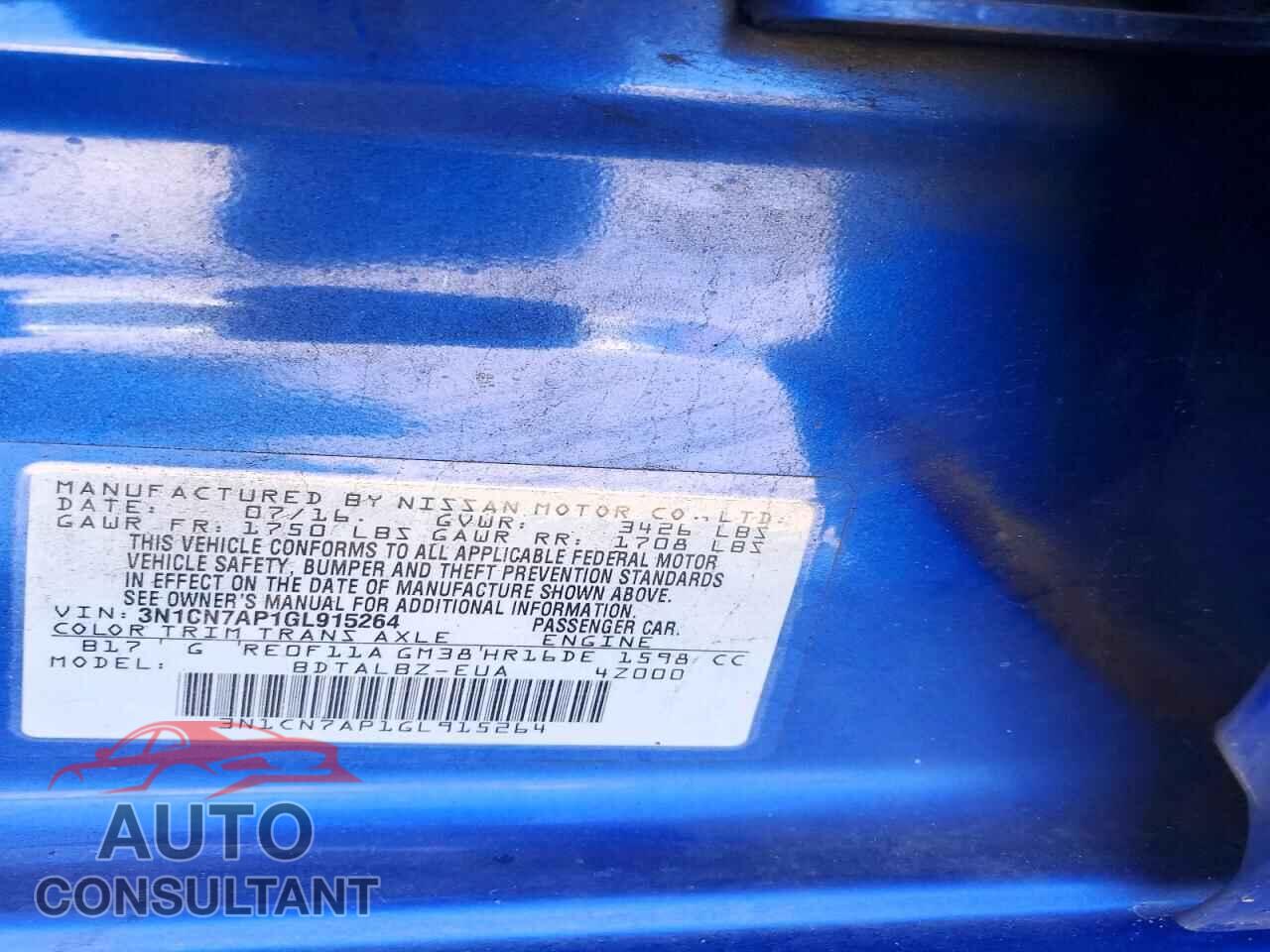 NISSAN VERSA 2016 - 3N1CN7AP1GL915264
