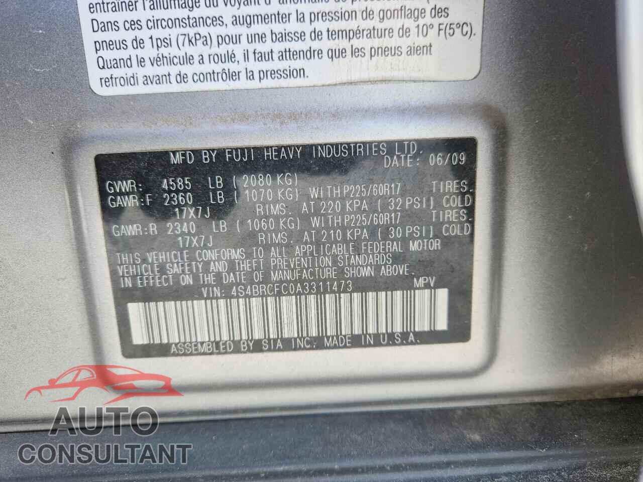 SUBARU OUTBACK 2010 - 4S4BRCFC0A3311473