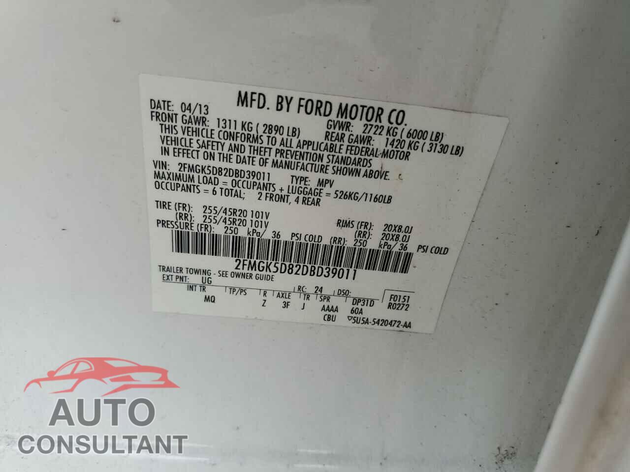 FORD FLEX 2013 - 2FMGK5D82DBD39011