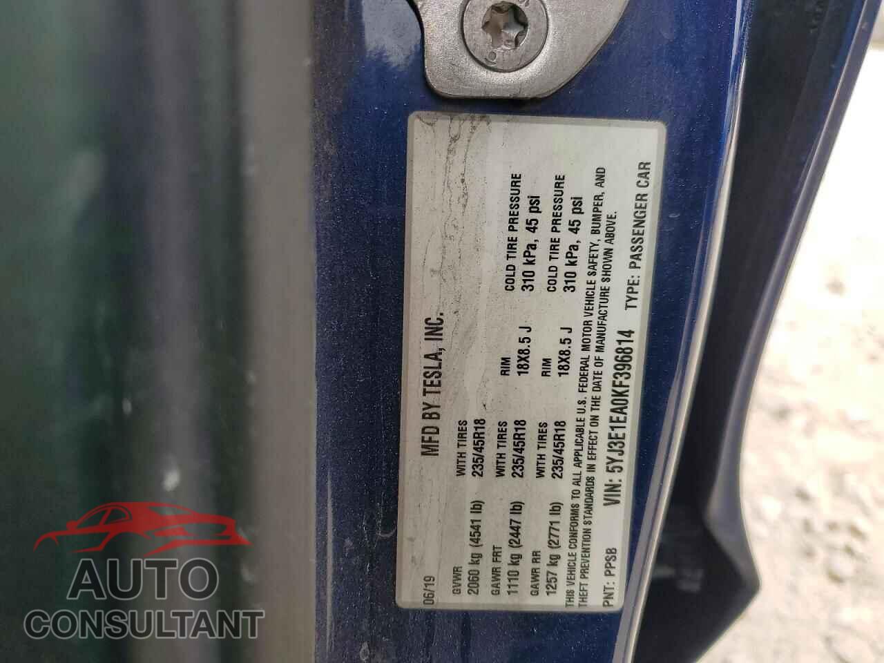 TESLA MODEL 3 2019 - 5YJ3E1EA0KF396814