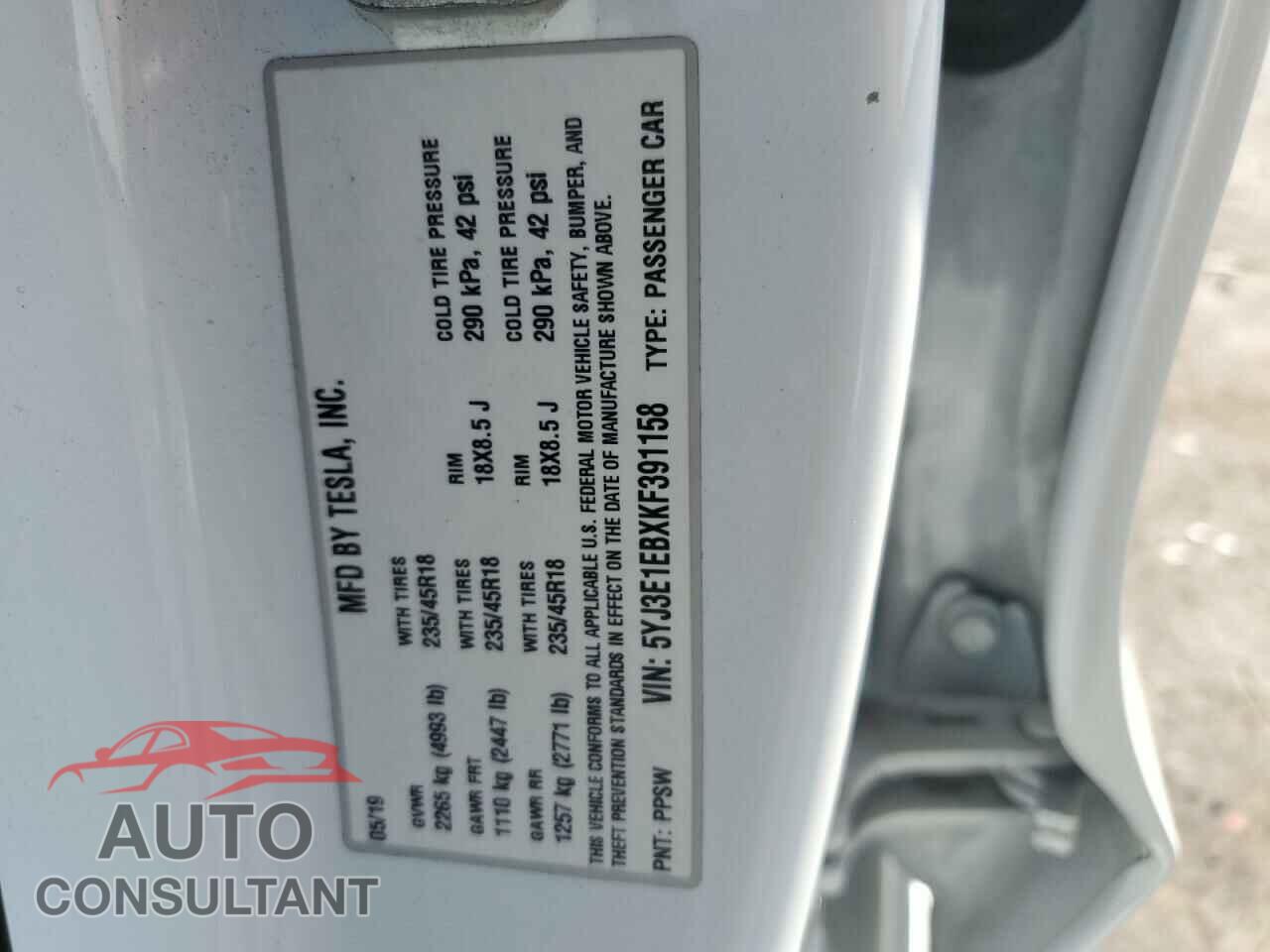 TESLA MODEL 3 2019 - 5YJ3E1EBXKF391158