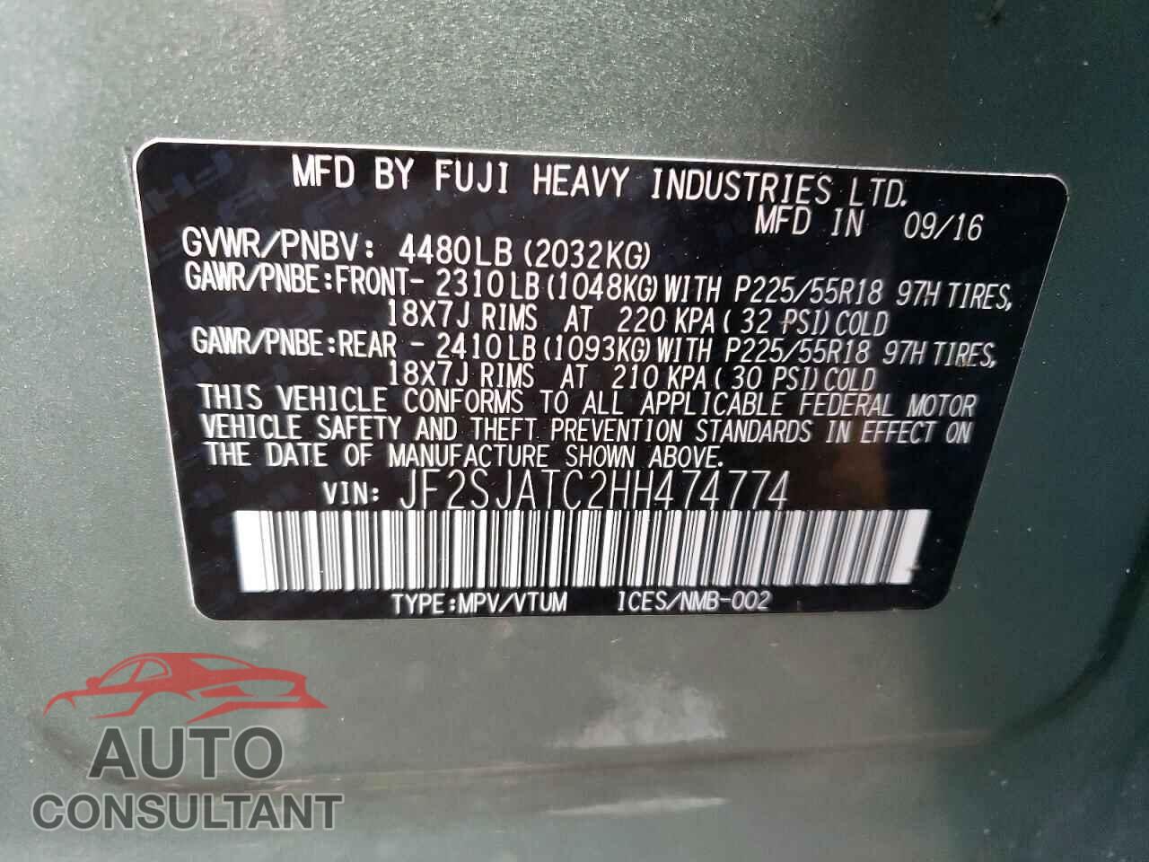 SUBARU FORESTER 2017 - JF2SJATC2HH474774