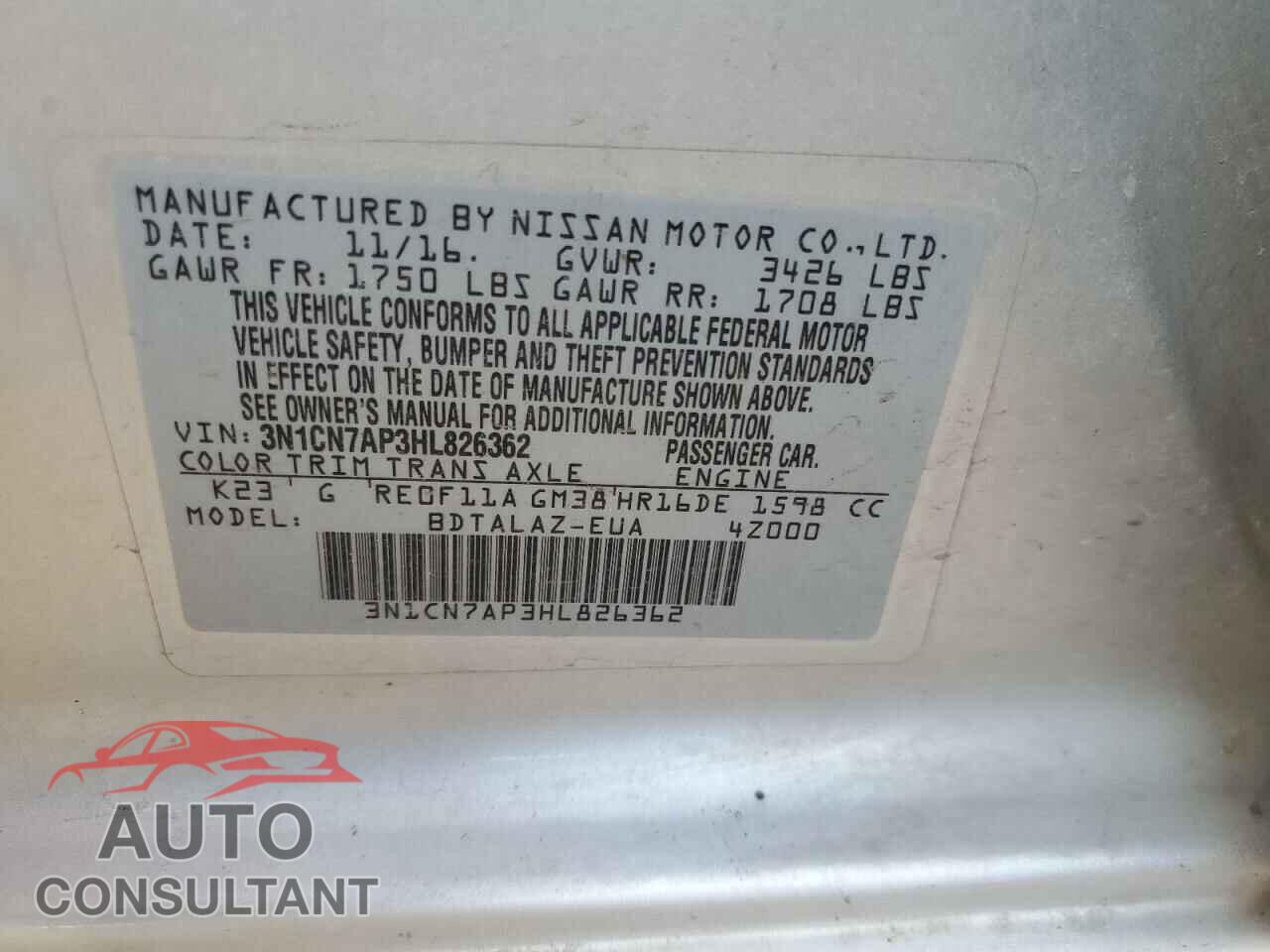 NISSAN VERSA 2017 - 3N1CN7AP3HL826362