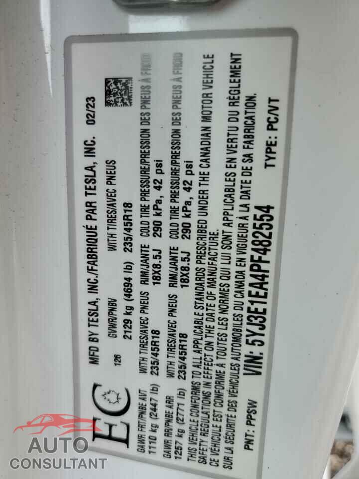 TESLA MODEL 3 2023 - 5YJ3E1EA4PF482554