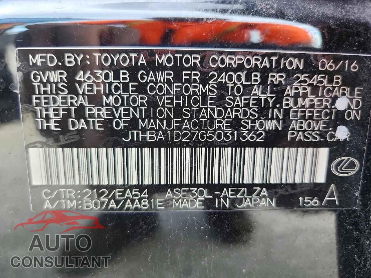 LEXUS IS 2016 - JTHBA1D27G5031362