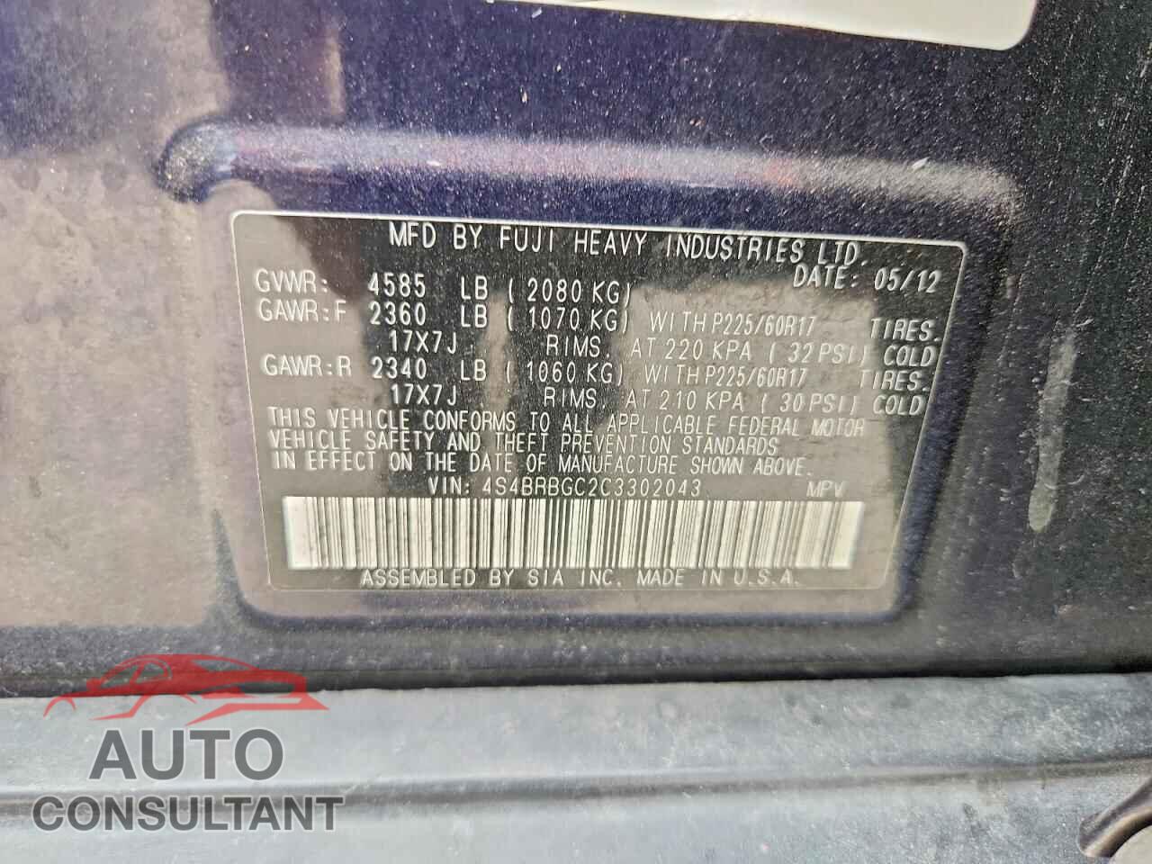SUBARU OUTBACK 2012 - 4S4BRBGC2C3302043