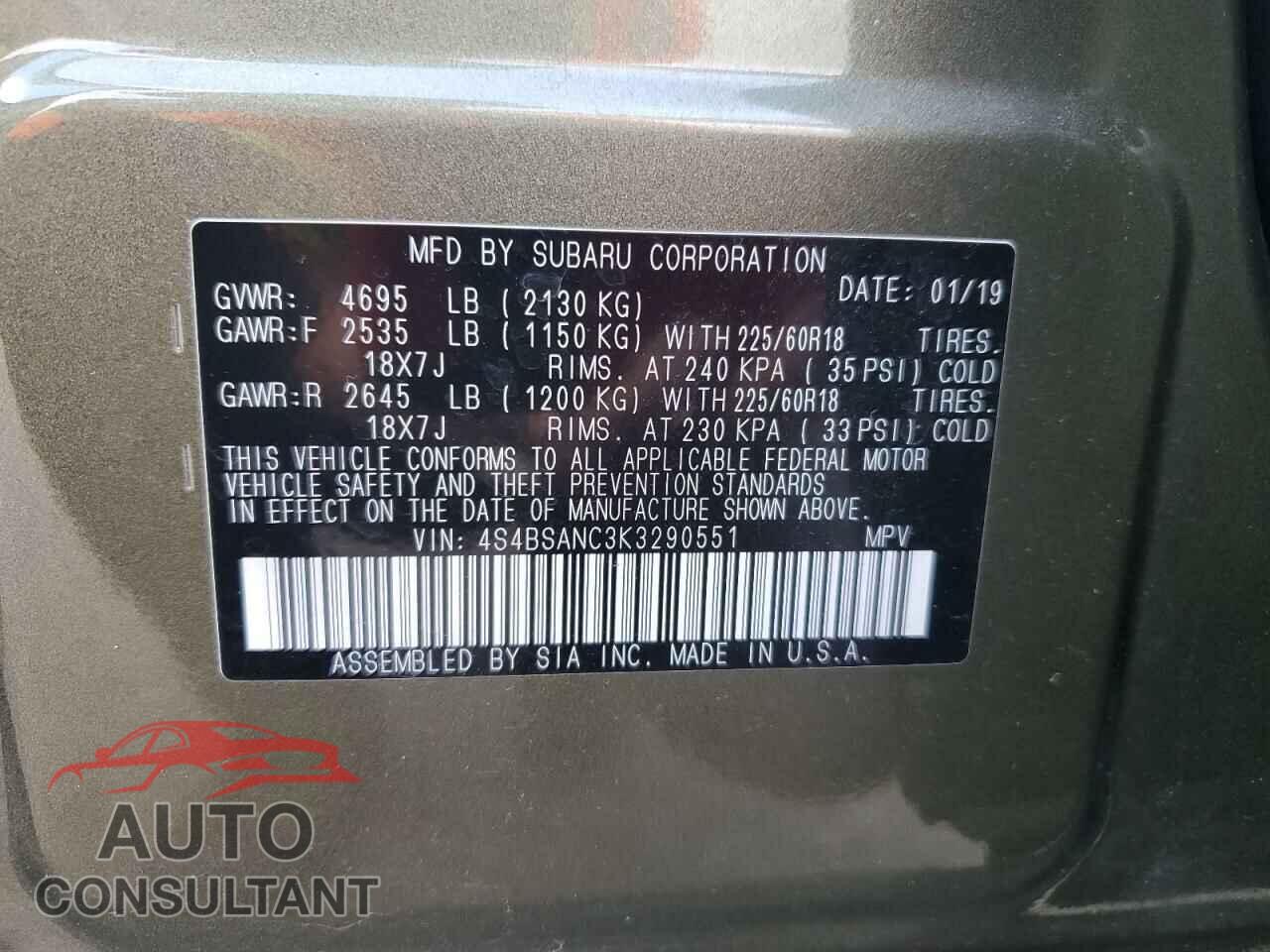 SUBARU OUTBACK 2019 - 4S4BSANC3K3290551