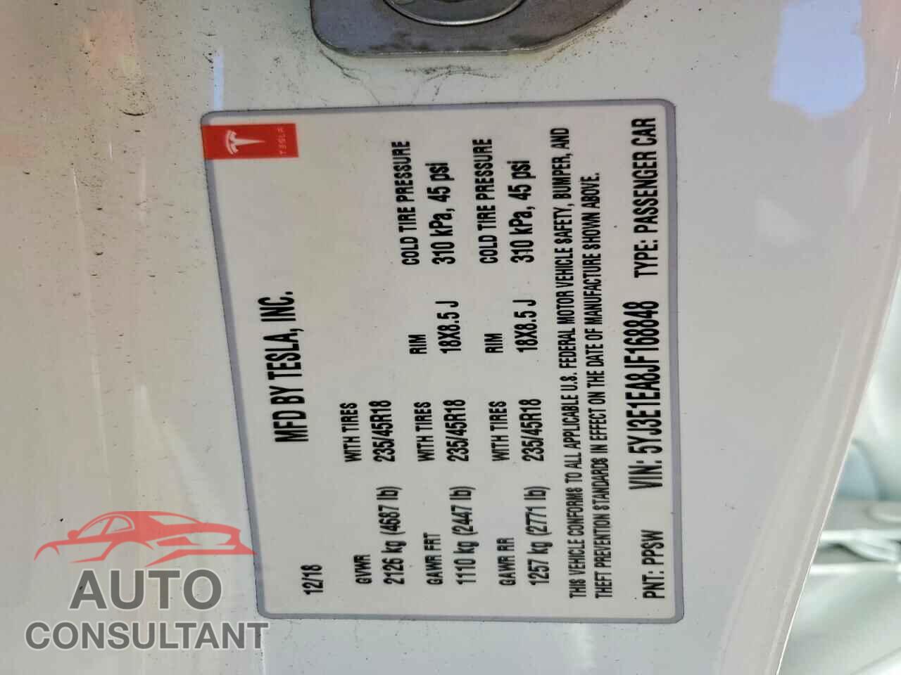 TESLA MODEL 3 2018 - 5YJ3E1EA8JF168848