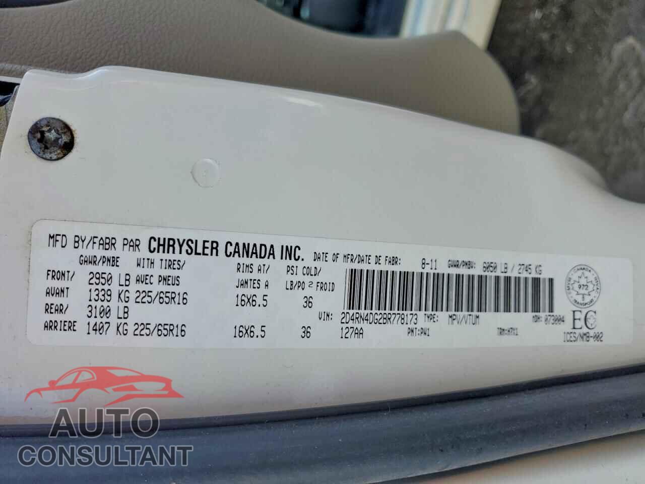 DODGE CARAVAN 2011 - 2D4RN4DG2BR778173