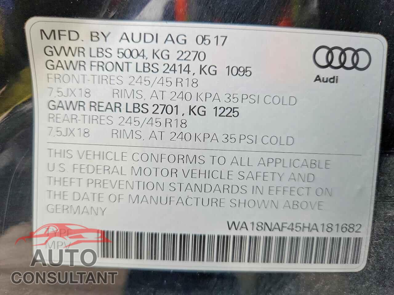 AUDI A4 2017 - WA18NAF45HA181682