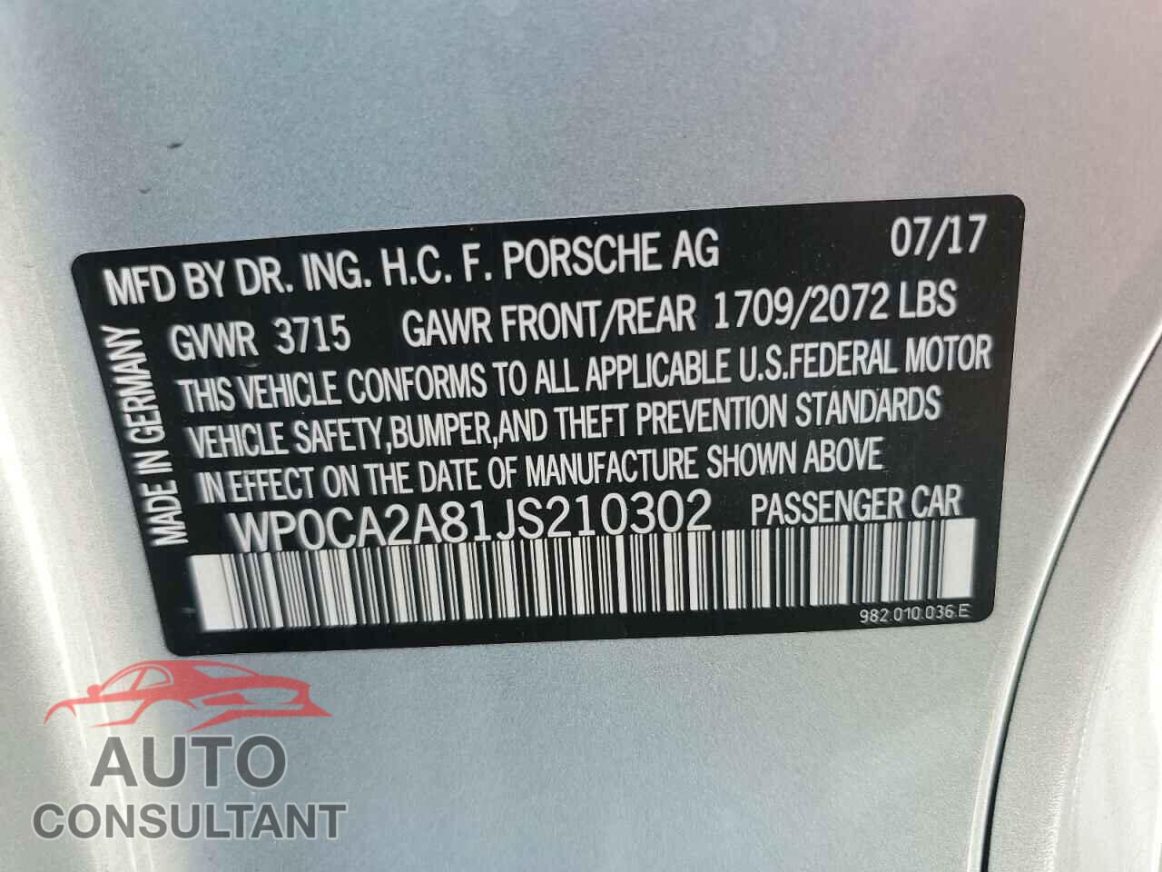 PORSCHE BOXSTER 2018 - WP0CA2A81JS210302