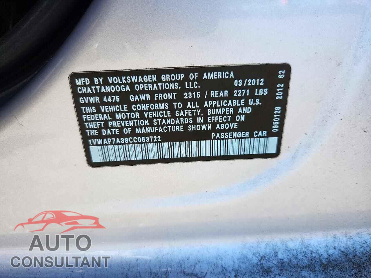 VOLKSWAGEN PASSAT 2012 - 1VWAP7A38CC063722