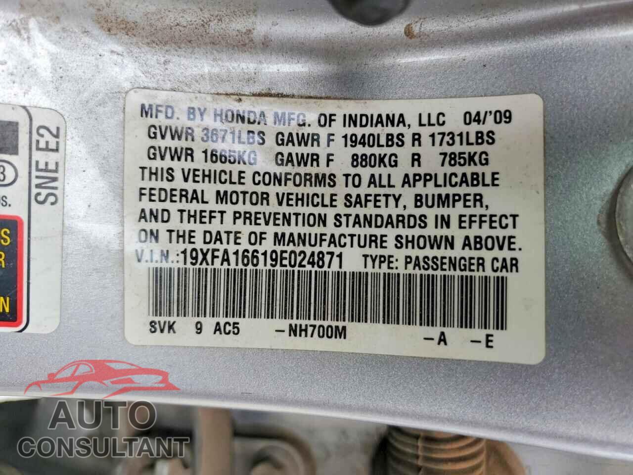 HONDA CIVIC 2009 - 19XFA16619E024871