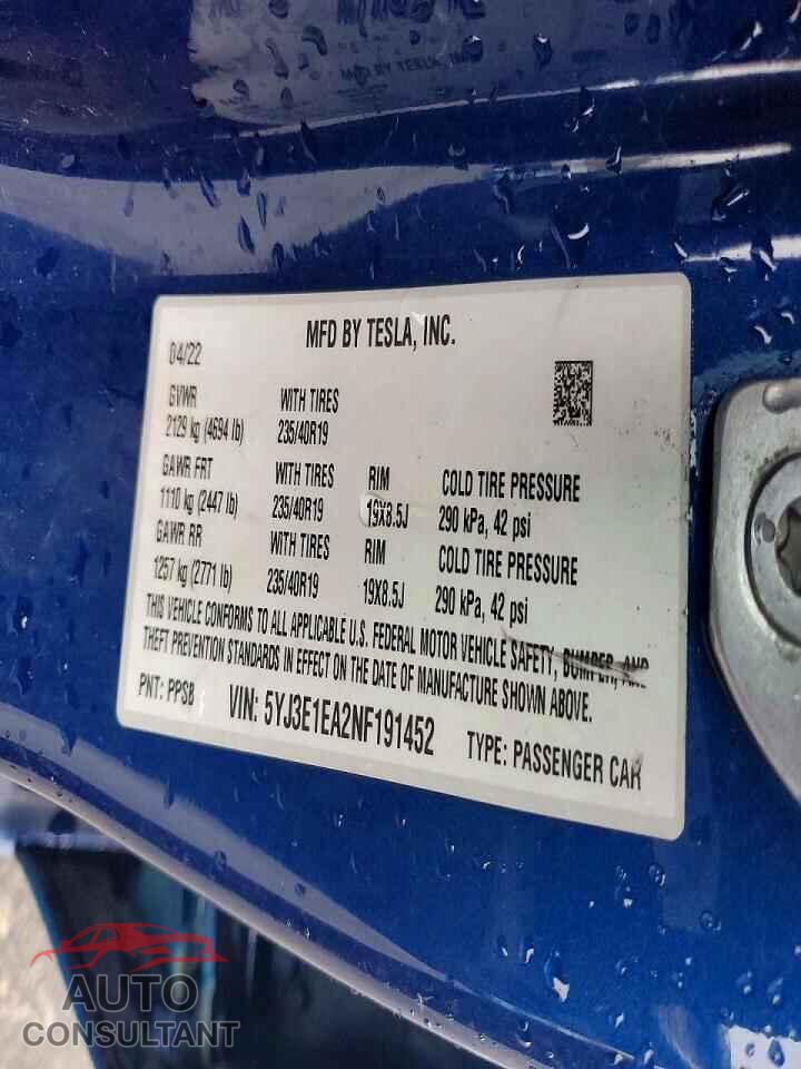 TESLA MODEL 3 2022 - 5YJ3E1EA2NF191452