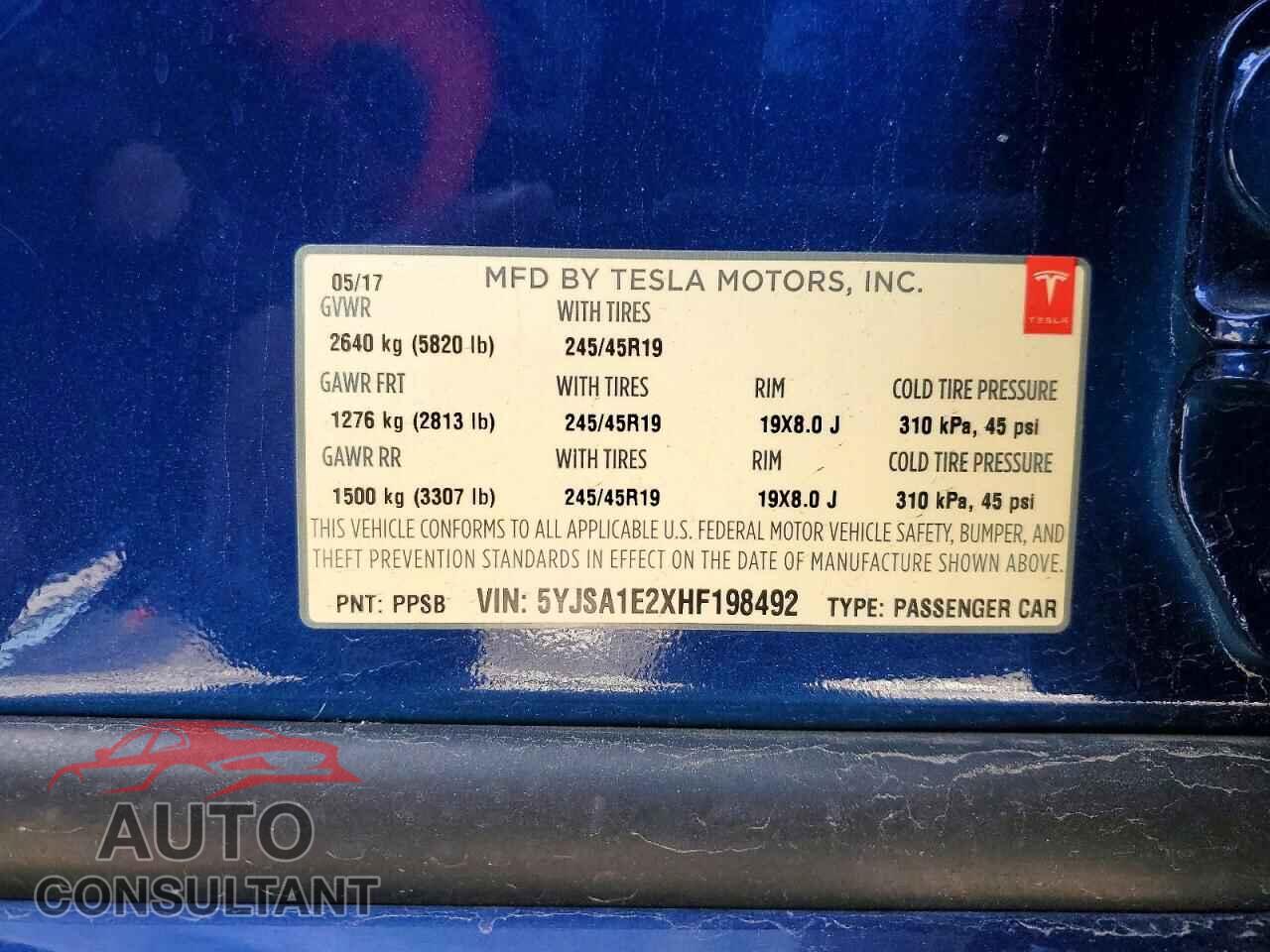 TESLA MODEL S 2017 - 5YJSA1E2XHF198492