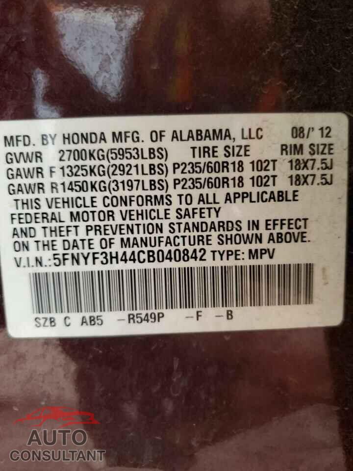 HONDA PILOT 2012 - 5FNYF3H44CB040842