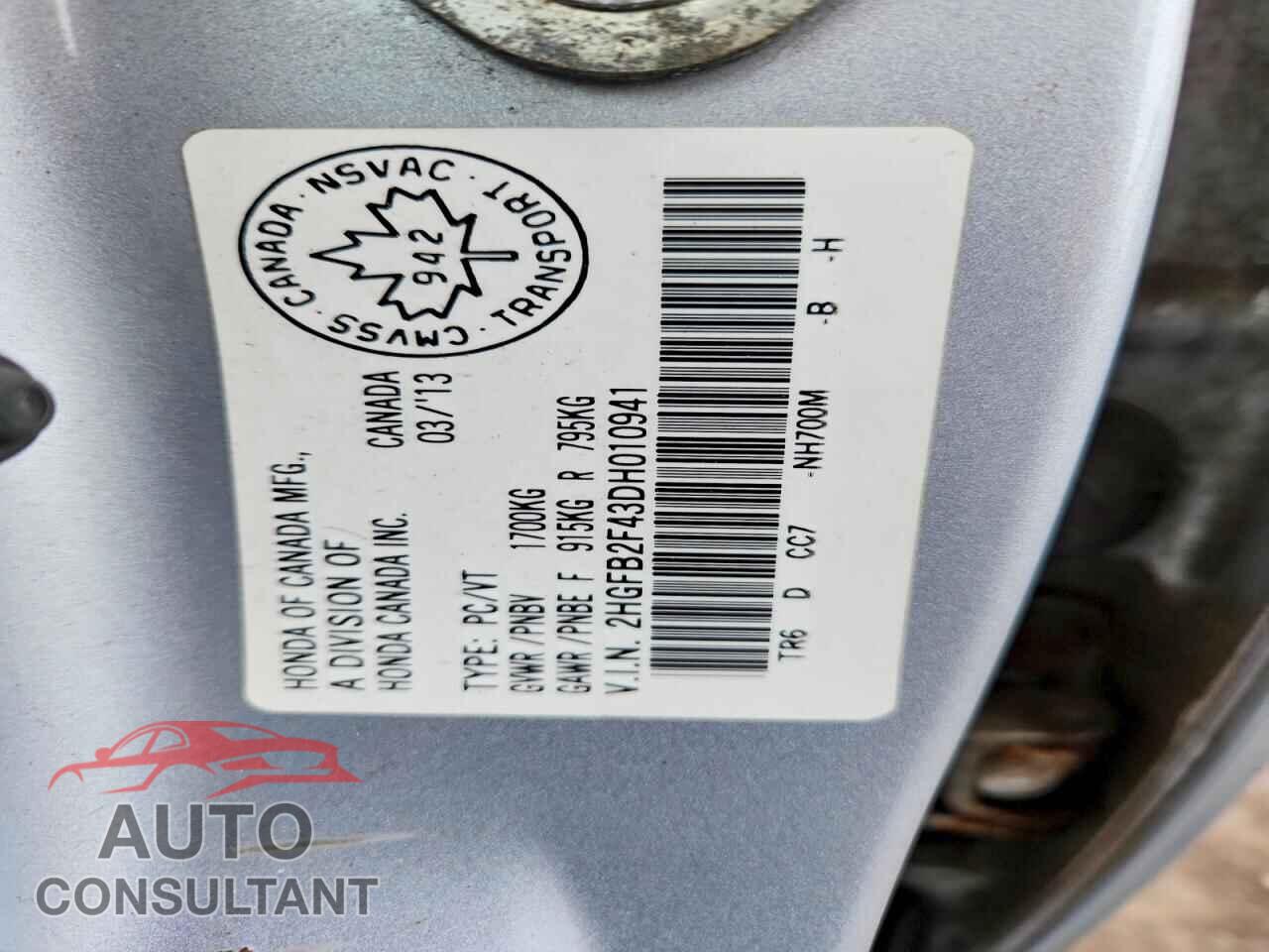 HONDA CIVIC 2013 - 2HGFB2F43DH010941