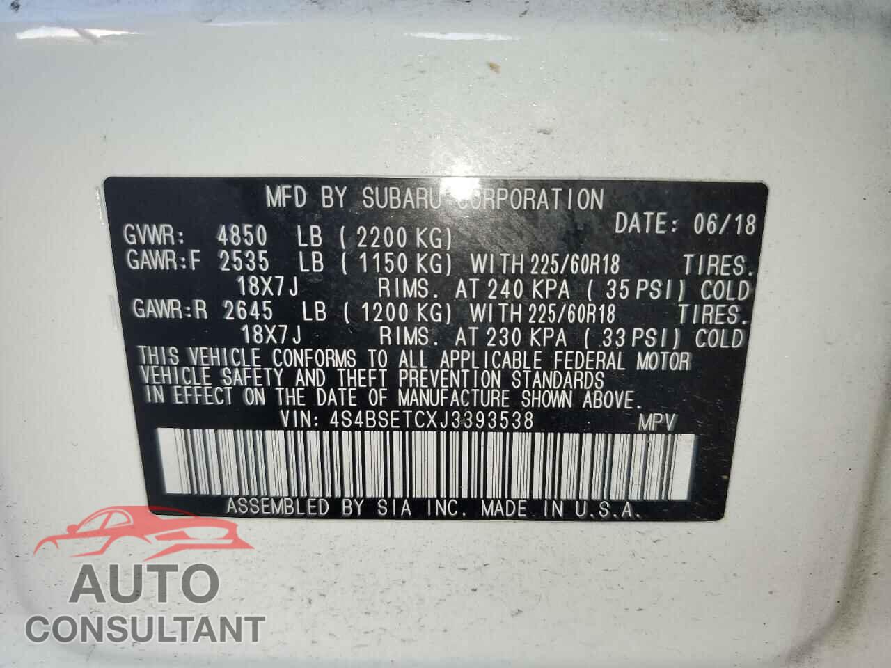 SUBARU OUTBACK 2018 - 4S4BSETCXJ3393538