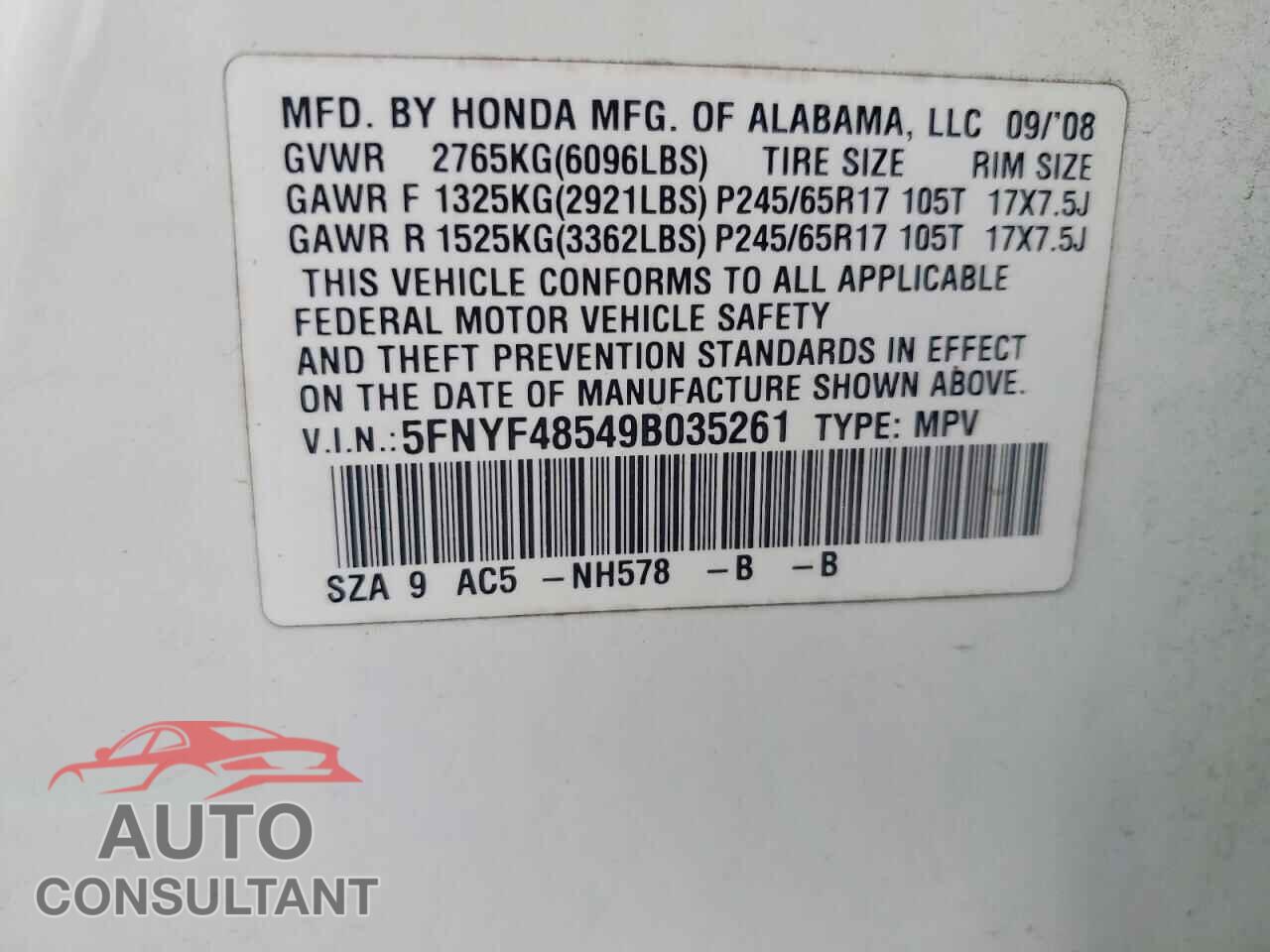 HONDA PILOT 2009 - 5FNYF48549B035261