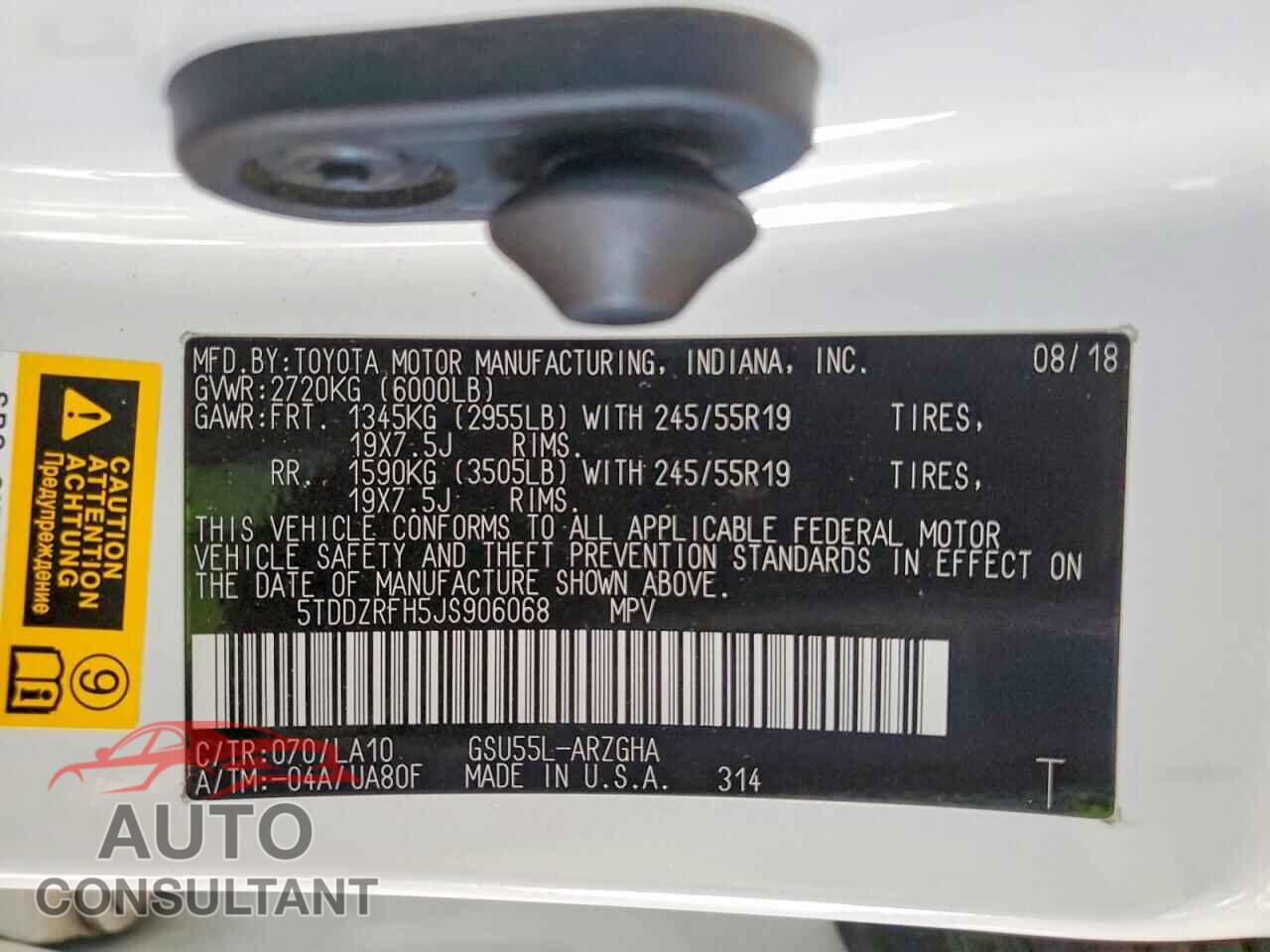 TOYOTA HIGHLANDER 2018 - 5TDDZRFH5JS906068