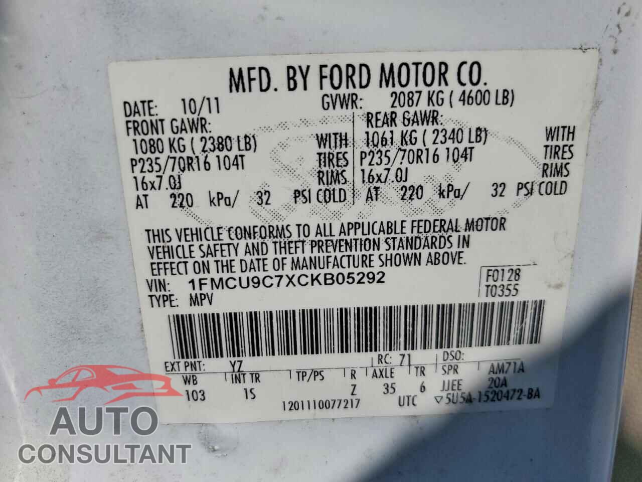FORD ESCAPE 2012 - 1FMCU9C7XCKB05292