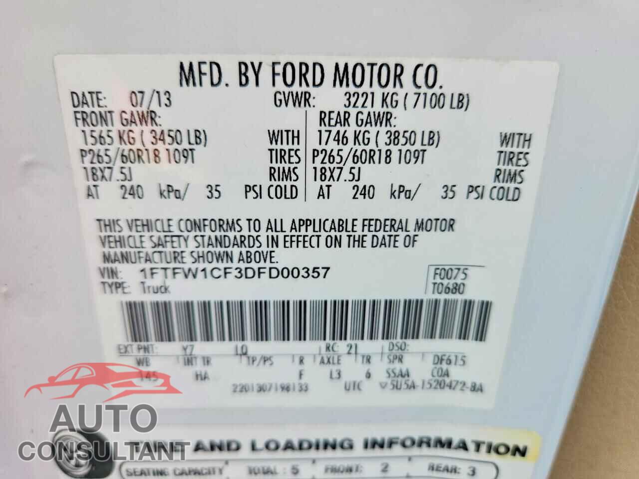FORD F150 2013 - 1FTFW1CF3DFD00357