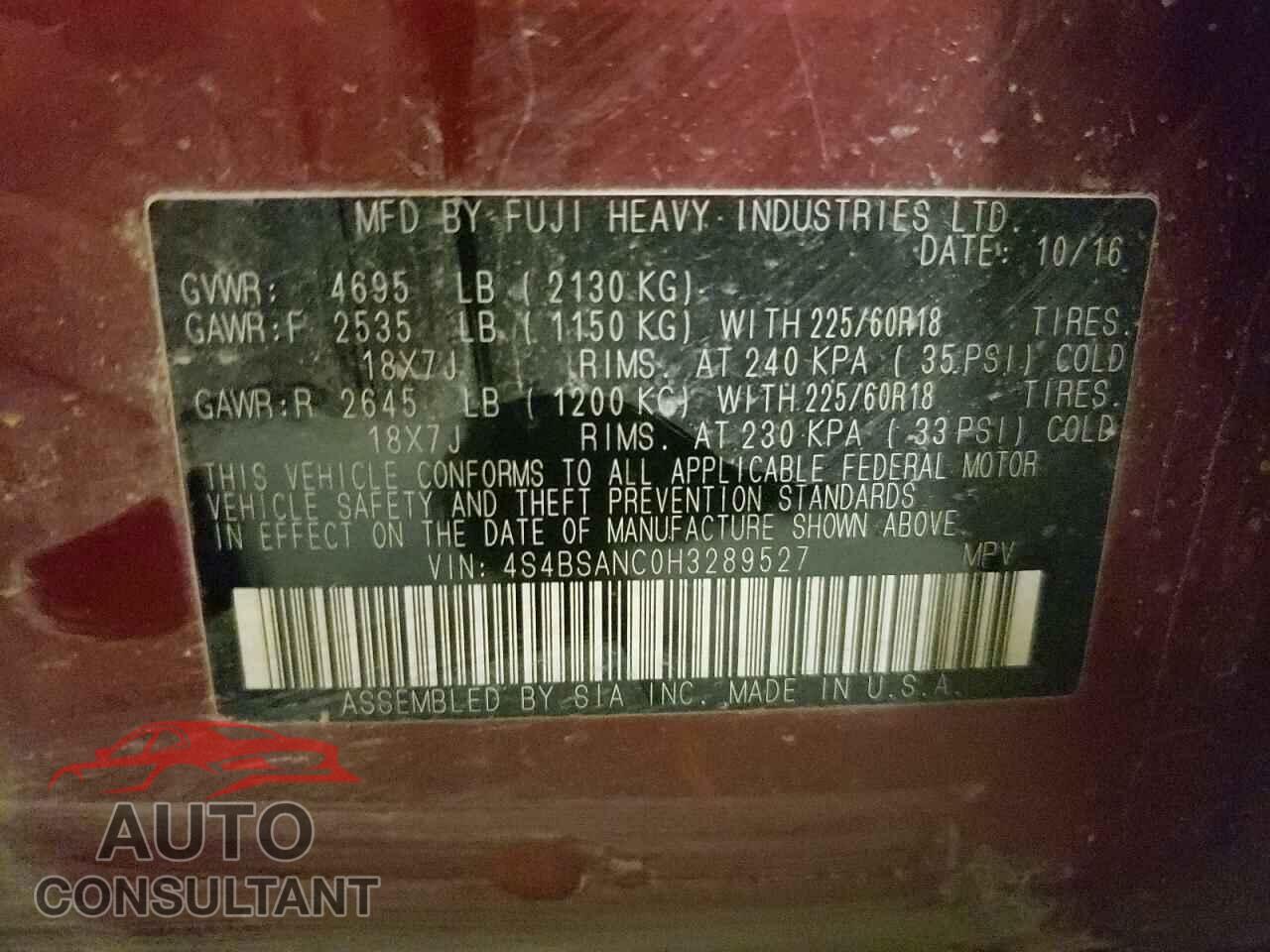 SUBARU OUTBACK 2017 - 4S4BSANC0H3289527