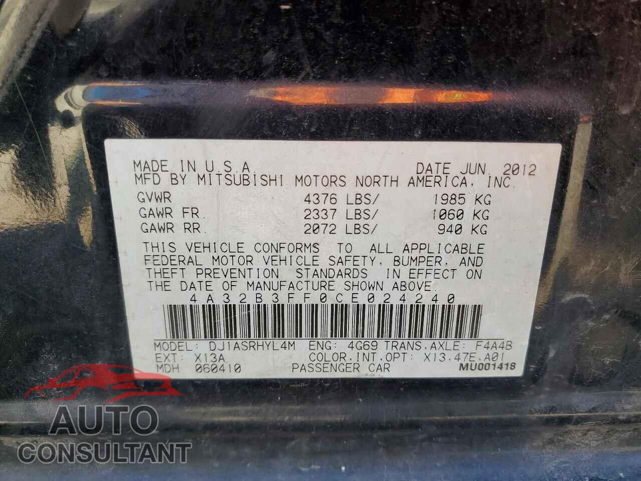 MITSUBISHI GALANT 2012 - 4A32B3FF0CE024240