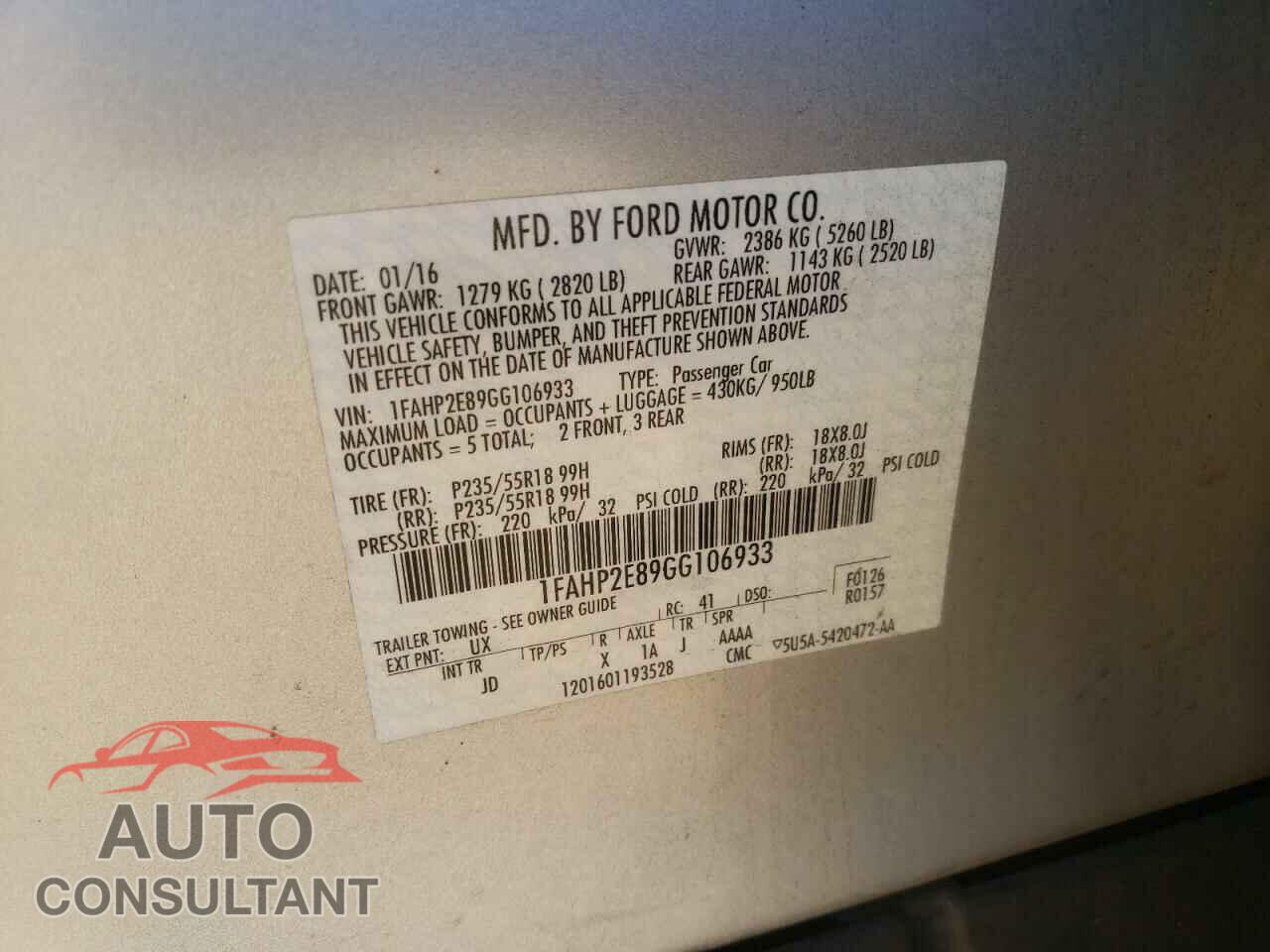 FORD TAURUS 2016 - 1FAHP2E89GG106933