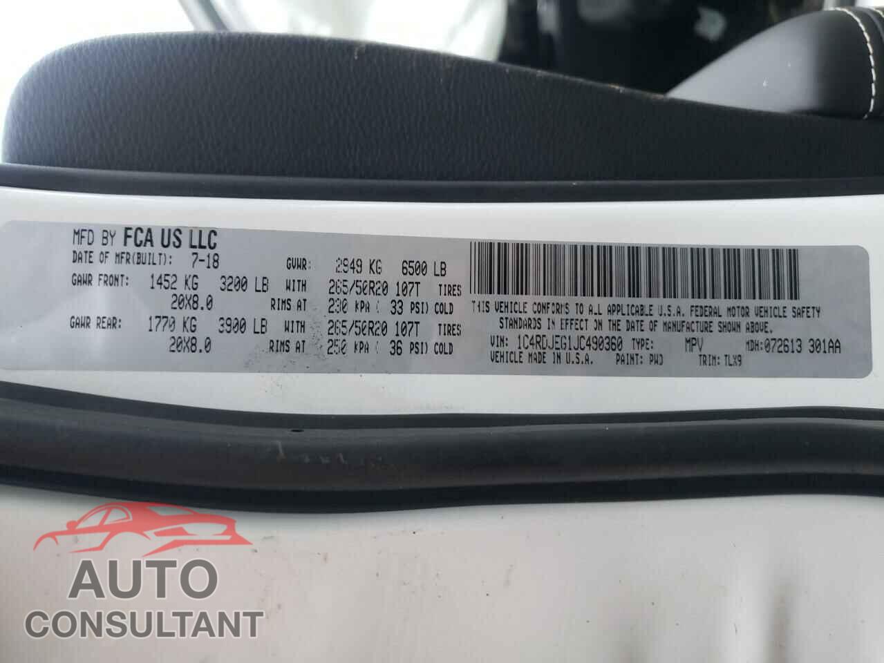 DODGE DURANGO 2018 - 1C4RDJEG1JC490360