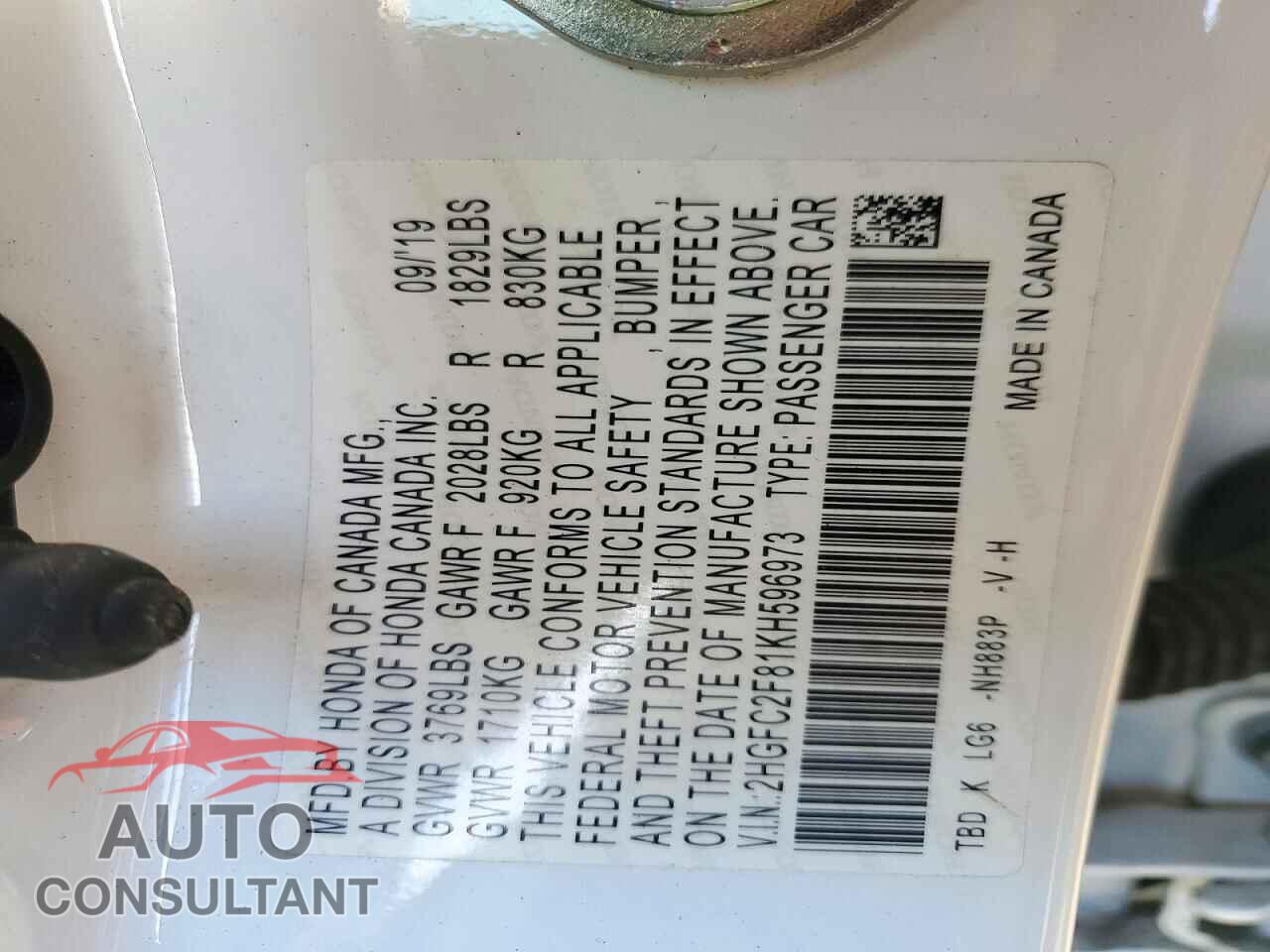 HONDA CIVIC 2019 - 2HGFC2F81KH596973