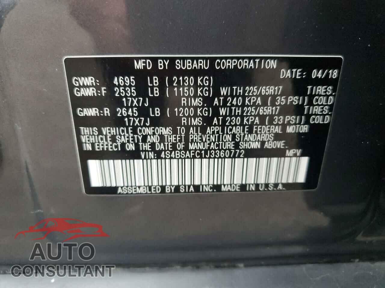 SUBARU OUTBACK 2018 - 4S4BSAFC1J3360772