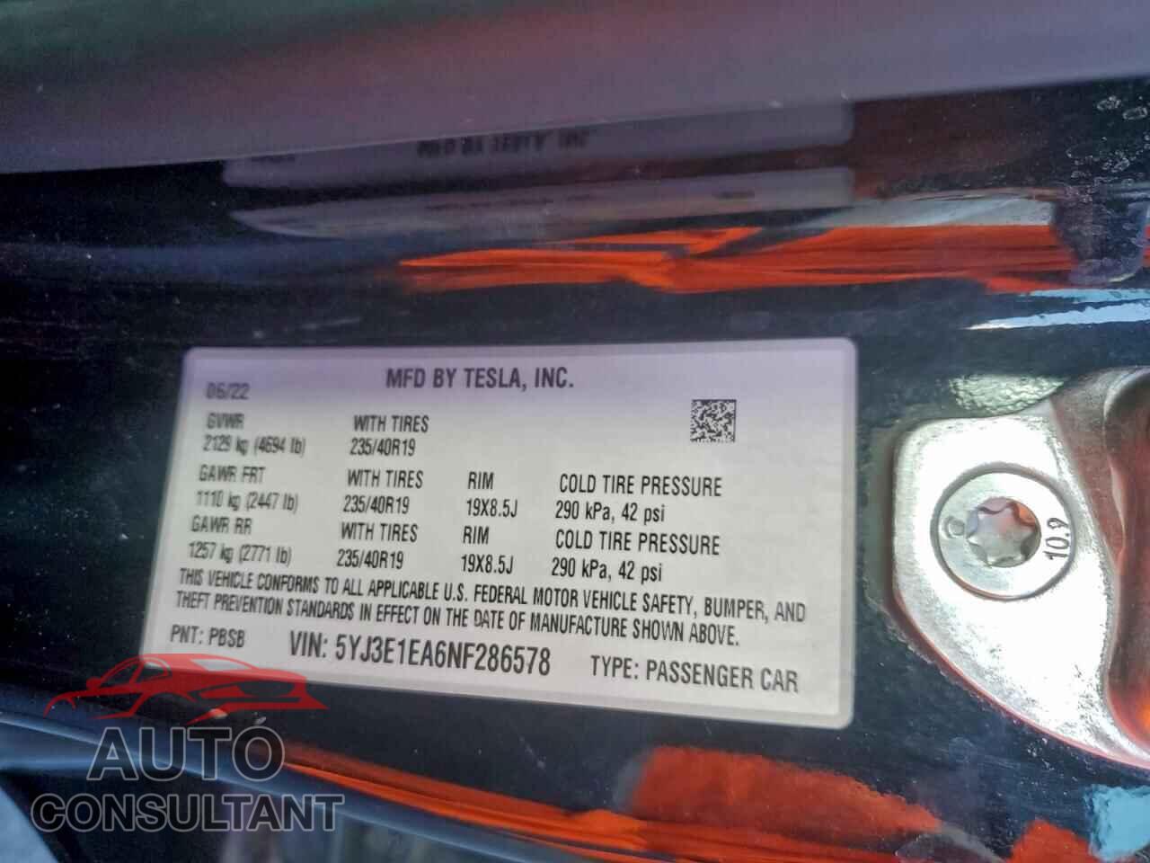 TESLA MODEL 3 2022 - 5YJ3E1EA6NF286578
