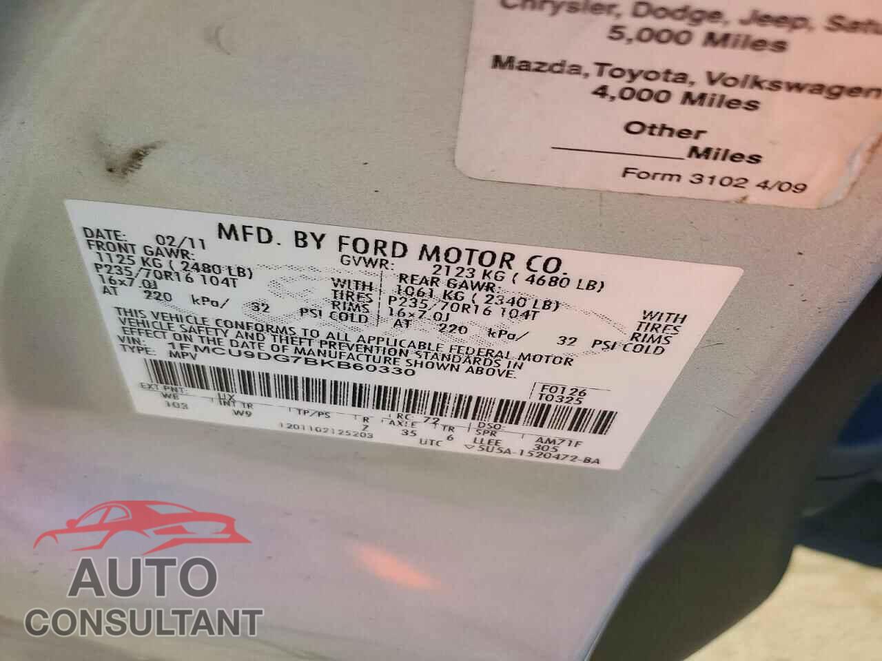 FORD ESCAPE 2011 - 1FMCU9DG7BKB60330