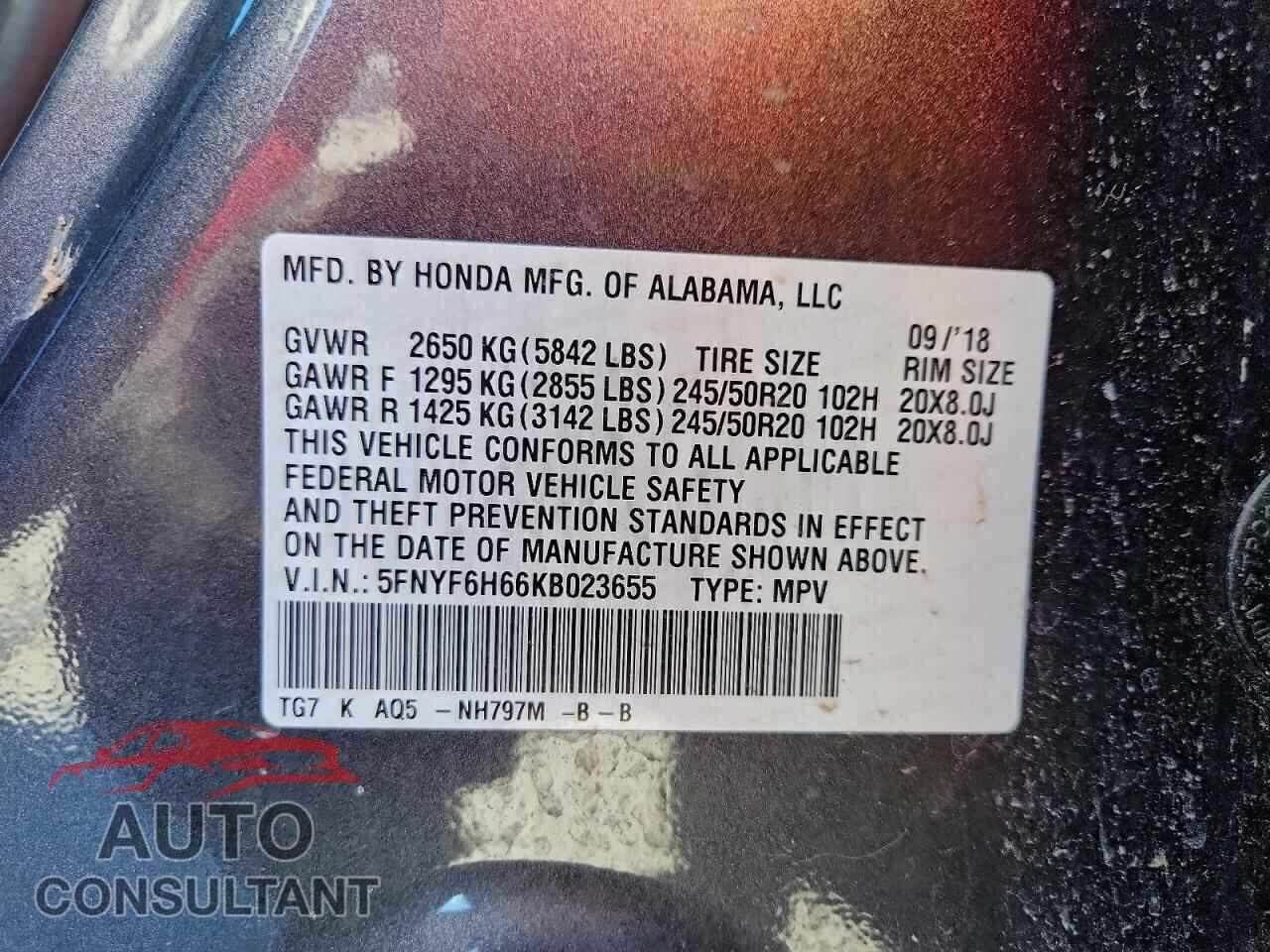 HONDA PILOT 2019 - 5FNYF6H66KB023655