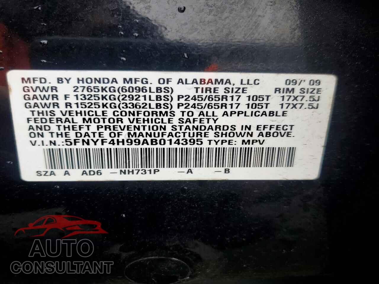 HONDA PILOT 2010 - 5FNYF4H99AB014395