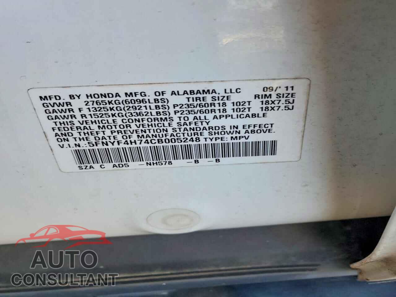 HONDA PILOT 2012 - 5FNYF4H74CB005248