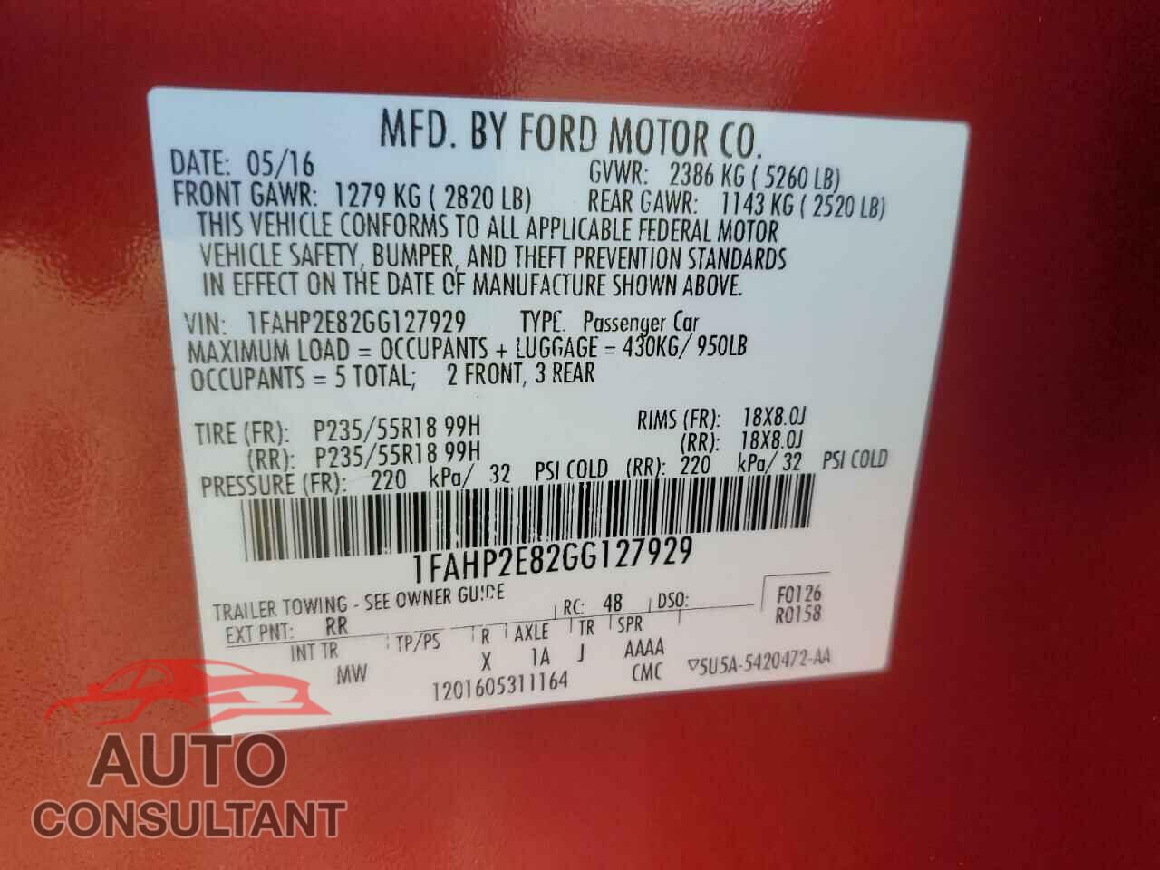 FORD TAURUS 2016 - 1FAHP2E82GG127929