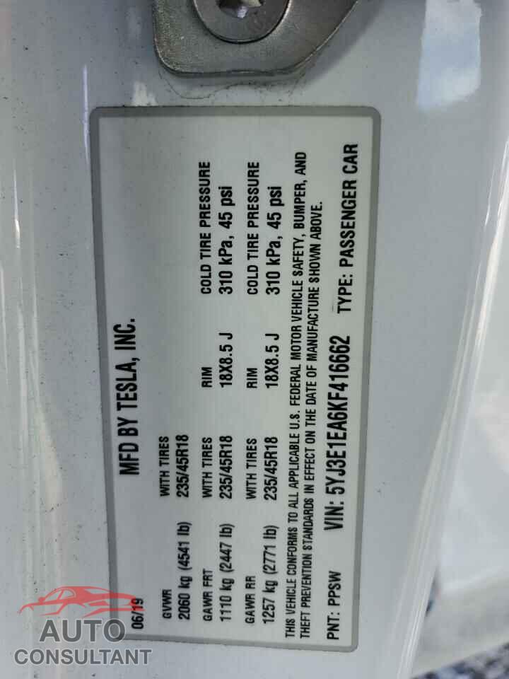 TESLA MODEL 3 2019 - 5YJ3E1EA6KF416662