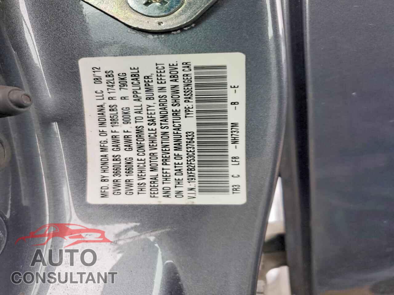 HONDA CIVIC 2012 - 19XFB2F53CE376433
