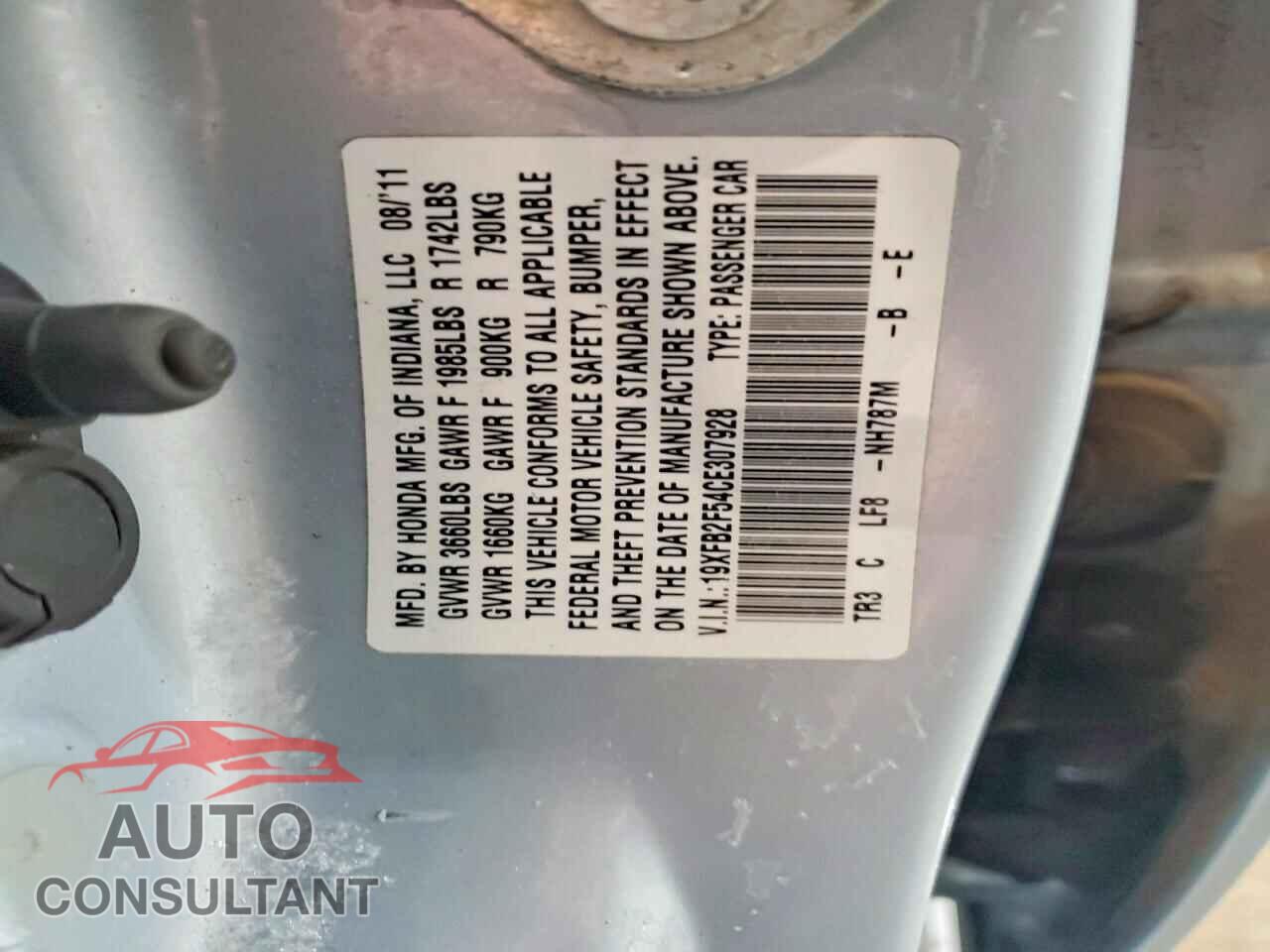 HONDA CIVIC 2012 - 19XFB2F54CE307928