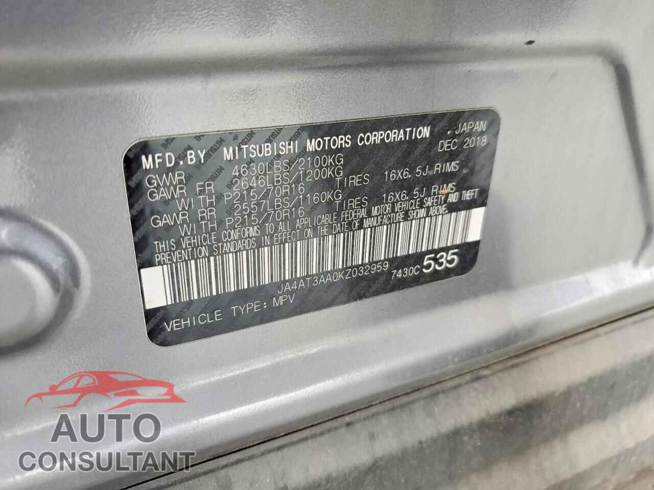 MITSUBISHI ECLIPSE 2019 - JA4AT3AA0KZ032959