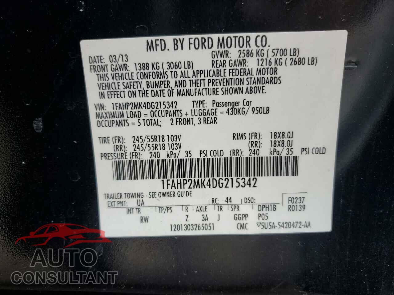 FORD TAURUS 2013 - 1FAHP2MK4DG215342