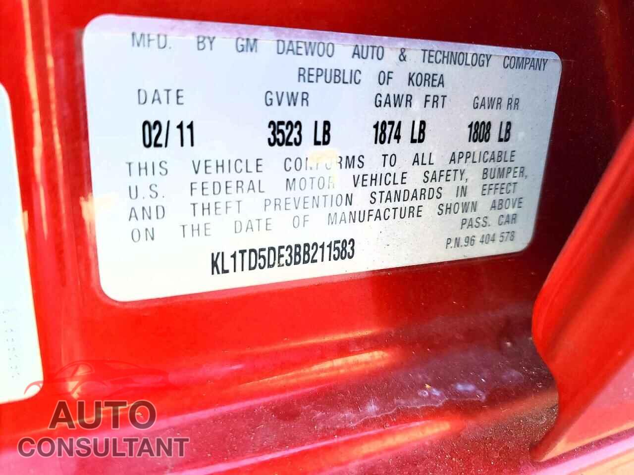 CHEVROLET AVEO 2011 - KL1TD5DE3BB211583