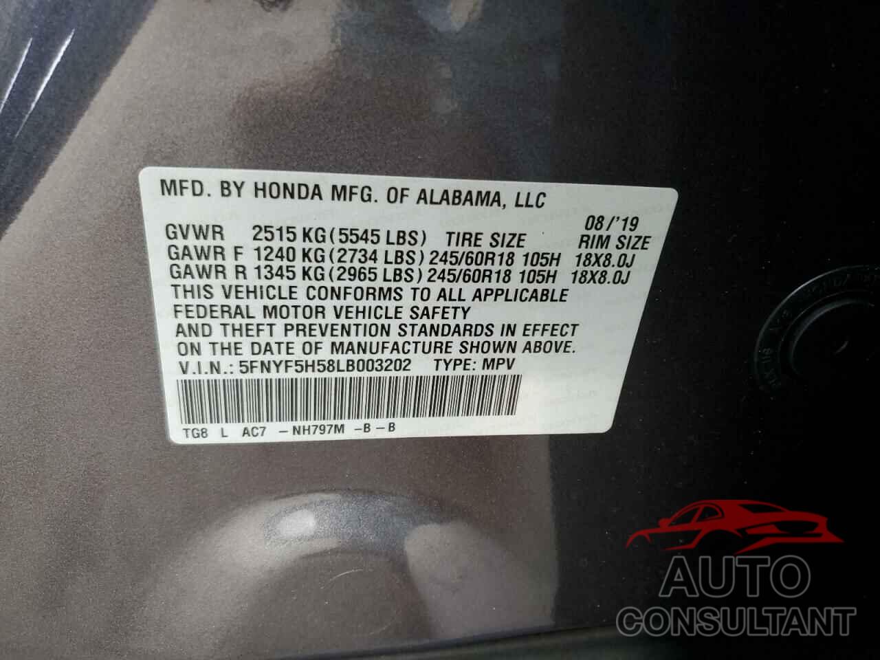 HONDA PILOT 2020 - 5FNYF5H58LB003202